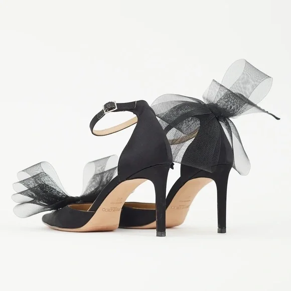 Jimmy Choo Averly 100 Black Mesh Bow Satin Pointed Toe Stiletto Heel Pumps - Picture 7 of 9